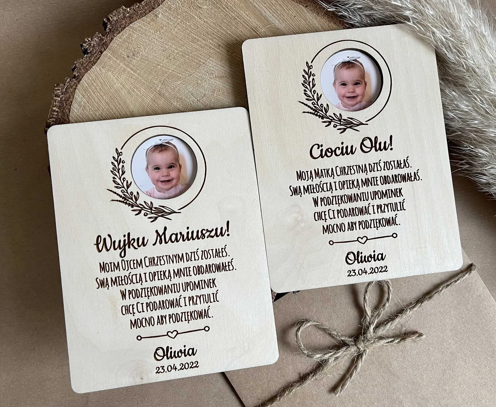 Tabliczka podziękowanie dla chrzestnych ze zdjęciem dziecka i grawerem