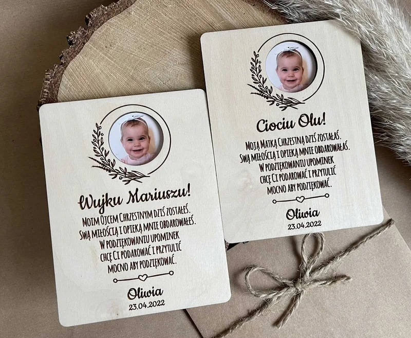 Tabliczka podziękowanie dla chrzestnych ze zdjęciem dziecka i grawerem
