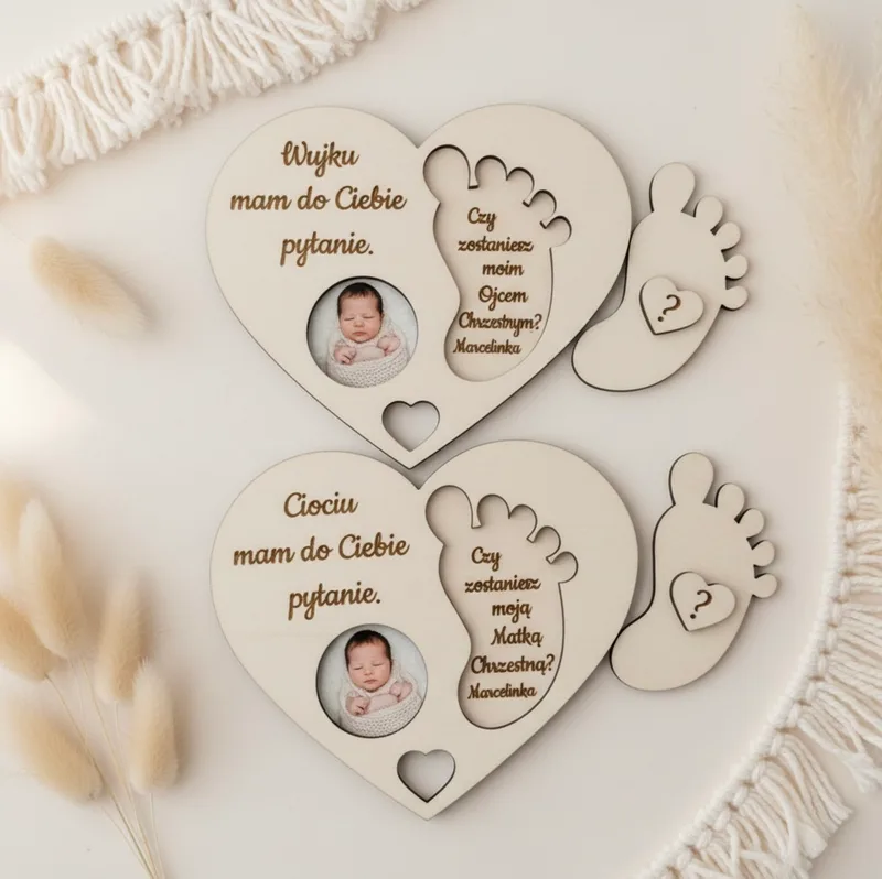 Serca zapytanie o zostanie Rodzicem Chrzestnym – 2 szt. ze zdjęciem | personalizowana prośba dla chrzestnych