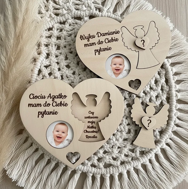 Serca zapytanie o Chrzest z aniołkiem – 2 szt. prośba o zostanie Chrzestnym